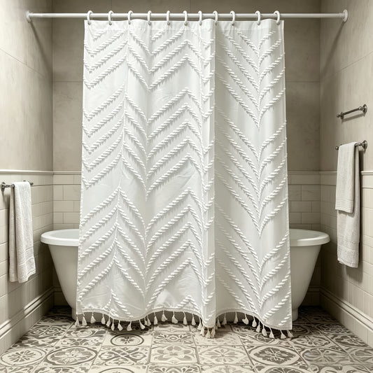 1pc Tassel Shower Curtain Bohemian Style Jacquard Fabric, Bathroom Partition Curtain, with 12pcs Hooks, Home Decor