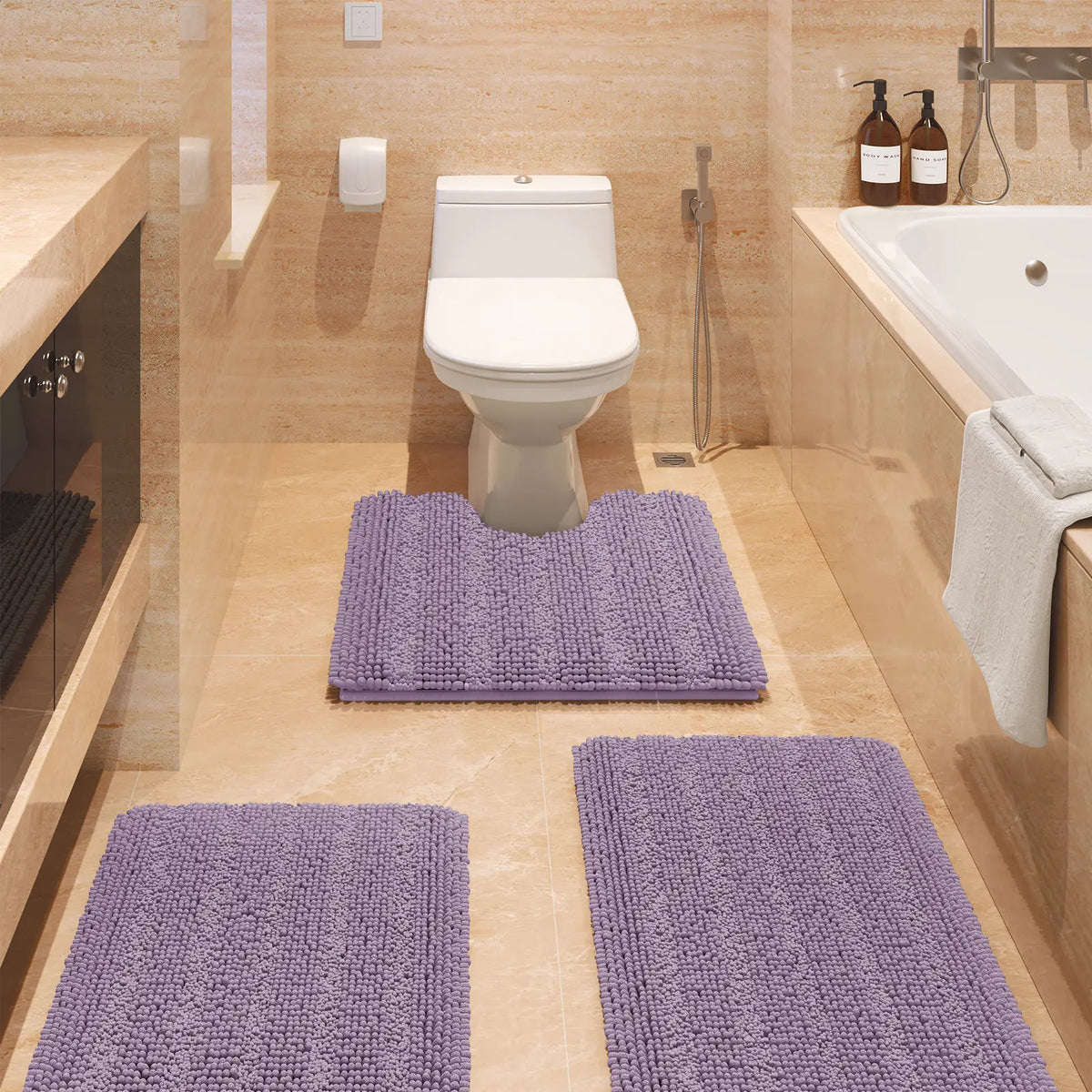 ACCUMTEK Striped Bathroom Rug Set Ultra Soft, Non Slip Chenille Toilet Mat, Absorbent Plush Shaggy Bath Mats for Bathroom, Bedroom, Kitchen
