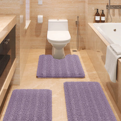 ACCUMTEK Striped Bathroom Rug Set Ultra Soft, Non Slip Chenille Toilet Mat, Absorbent Plush Shaggy Bath Mats for Bathroom, Bedroom, Kitchen