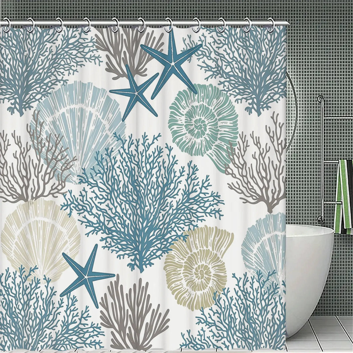 Seaside vacation style coral shell starfish pattern shower curtain, 4-piece bathroom set