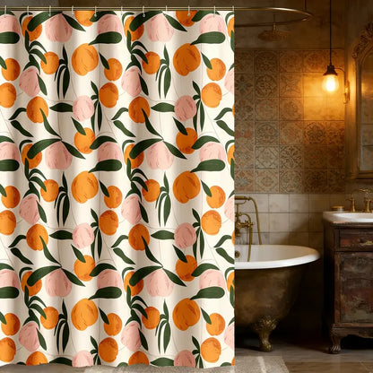 Peach & Orange Fruit Print Shower Curtain Cute with Hooks, Boho Summer Bathroom Decor, Summer Shower Curtains for Bathroom, Aesthetic Pretty Decorative Shower Curtain, Waterproof & Washable, 72 x 72 Inch