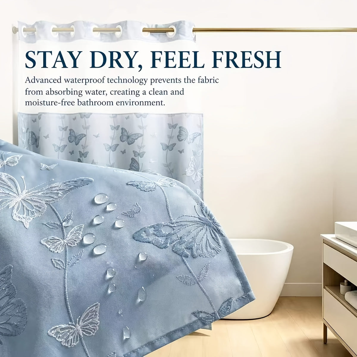 YRZTRK Blue Flocked Butterfly Shower Curtain with Mesh Top Window - No Hook Design Suitable for Bath, Double-Layer Flocked Bathroom Curtain, Machine Washable Window Panel for, Modern Farmhouse Decor for Bathtub Enclosure