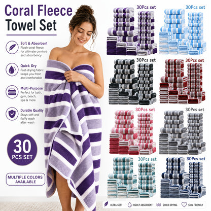 30pcs Large Wide Super Soft Coral Bath Towel Set, Quick Drying, Fast Absorption, Lightweight, Very Suitable for Home, Hotel And Spa Use, Outdoor Fitness, Camping Towel Bath Towel Set Christmas Gift Towel Bath Towel Set