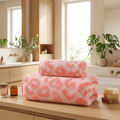 [Pink Leopard Towel Set] 2pcs Set, Pink Series, Modern Easy Fashion Coral Fleece Jacquard Craft, Towel And Bath Towel Set, Cute Leopard Print, Ultra-Soft, Quick-Dry, High-Quality, Durable Bathroom Accessory, Towel Size 34Cm X 75Cm