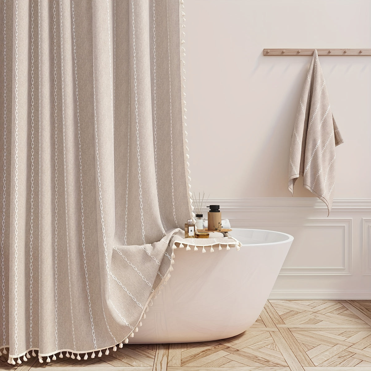 1pc Striped Polyester Shower Curtain, 72" x 72", Bohemian Style Vertical Stripe Texture with White Hooks Included