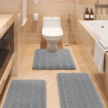 ACCUMTEK Striped Bathroom Rug Set Ultra Soft, Non Slip Chenille Toilet Mat, Absorbent Plush Shaggy Bath Mats for Bathroom, Bedroom, Kitchen