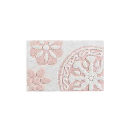 Cotton Tufted Bath Rug with Medallion Design, Plush Absorbent Bathroom Mat for Tub Shower Vanity, Machine Washable, Non-Slip Backing Recommended, 20x30 Inches, Pink