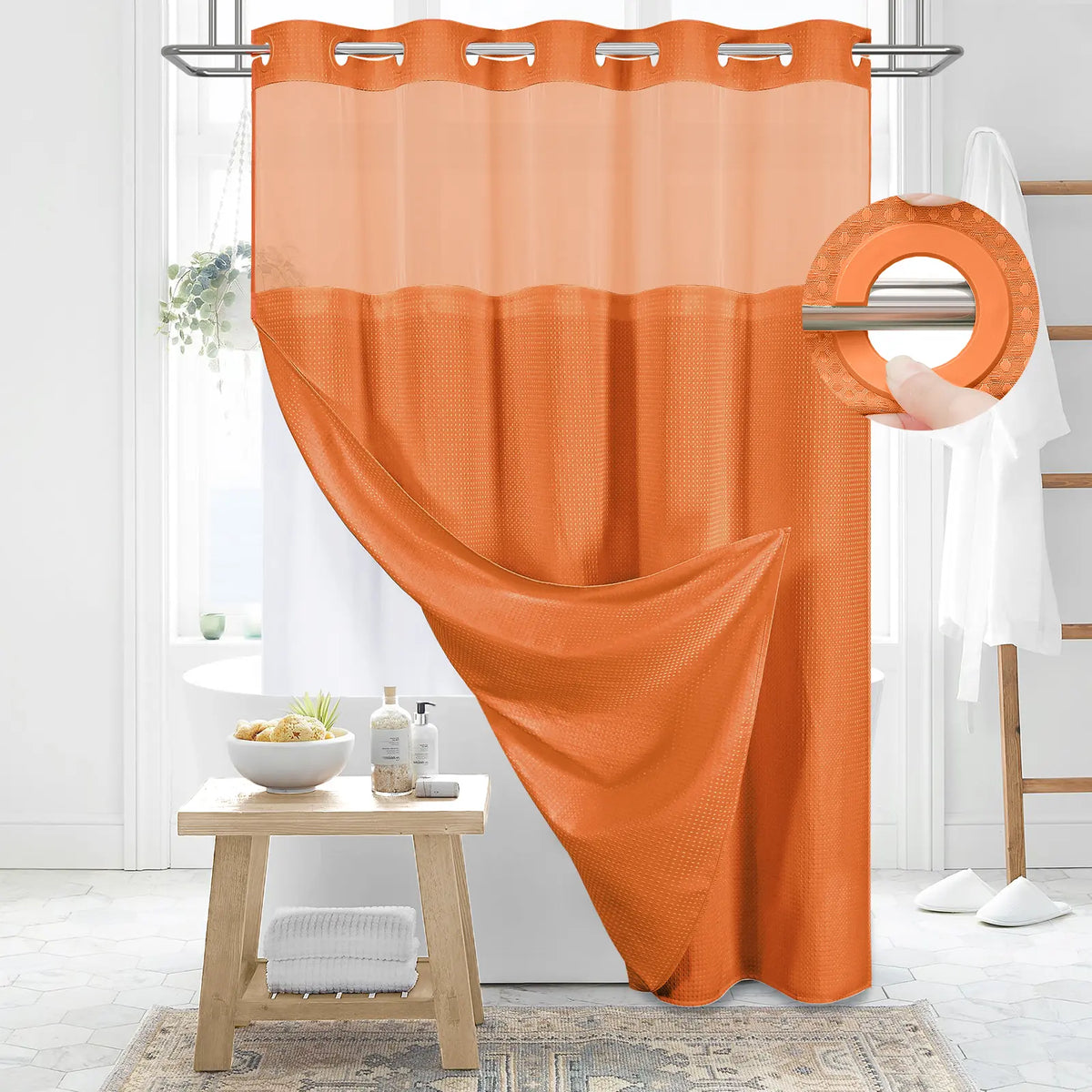 DYNAMENE Premium No-Hook Washable Waffle Weave Shower Curtain Set, Heavy-Duty Double Layer with Snap-In Detachable Waterproof Liner & Mesh Window, Contemporary Matte Finish Bathroom Accessory for Hotel-Inspired Bathroom Look
