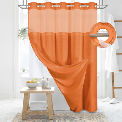 DYNAMENE Premium No-Hook Washable Waffle Weave Shower Curtain Set, Heavy-Duty Double Layer with Snap-In Detachable Waterproof Liner & Mesh Window, Contemporary Matte Finish Bathroom Accessory for Hotel-Inspired Bathroom Look