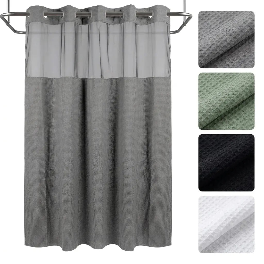 72x75 in Solid Double-Layer Fabric Shower Curtain Set - Waterproof Straight Waffle Weave, Snap-in Liner, Top Sheer Window, Adjustable Rod Compatible, Non-Slip, Modern Dark Grey, Water-Draining Home Bathroom Accessory, Shower Curtains