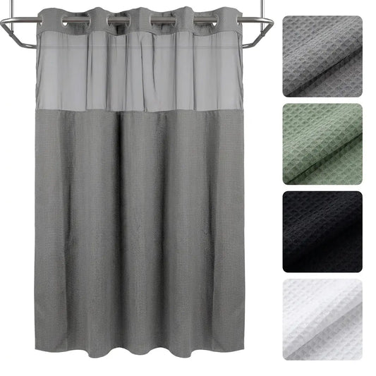 72x75 in Solid Double-Layer Fabric Shower Curtain Set - Waterproof Straight Waffle Weave, Snap-in Liner, Top Sheer Window, Adjustable Rod Compatible, Non-Slip, Modern Dark Grey, Water-Draining Home Bathroom Accessory, Shower Curtains