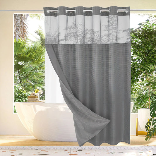 Hookless Shower Curtain and Liner Set - Snap-In Hooks, Plastic Fast-Dry Fabric, Waffle Pattern, Waterproof, Mildew-Blocking, Modern Aesthetic Home Bathroom Accessory