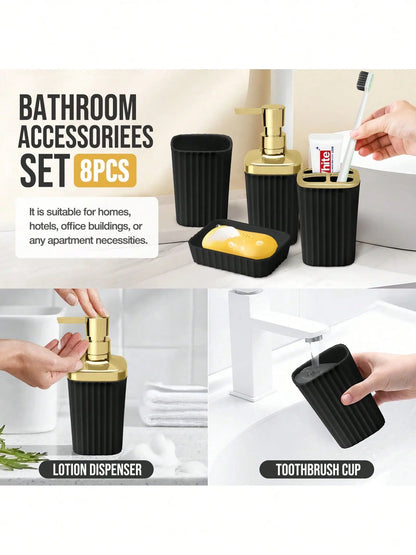 Contemporary Black/White 8pcs Bathroom Accessory Set - Shower Curtains, Rugs, Soap Dispenser, Soap Bar Dish, Toilet Brush Holder, Hook, Wipe, Toothbrush Holder for Moving or Vacation Gifts