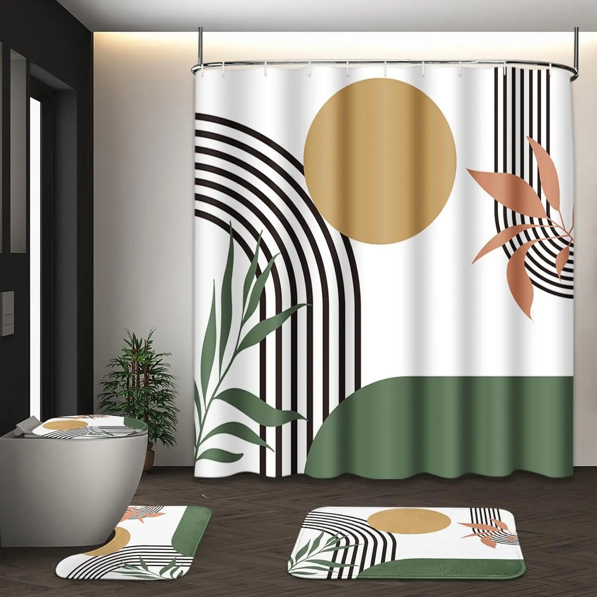 Boho Mid Century Shower Curtain Set with Toilet Lid Cover and Non-Slip Rugs, Abstract Geometric Modern Minimalist Shower Curtain for Bathroom Set with 12 Hooks