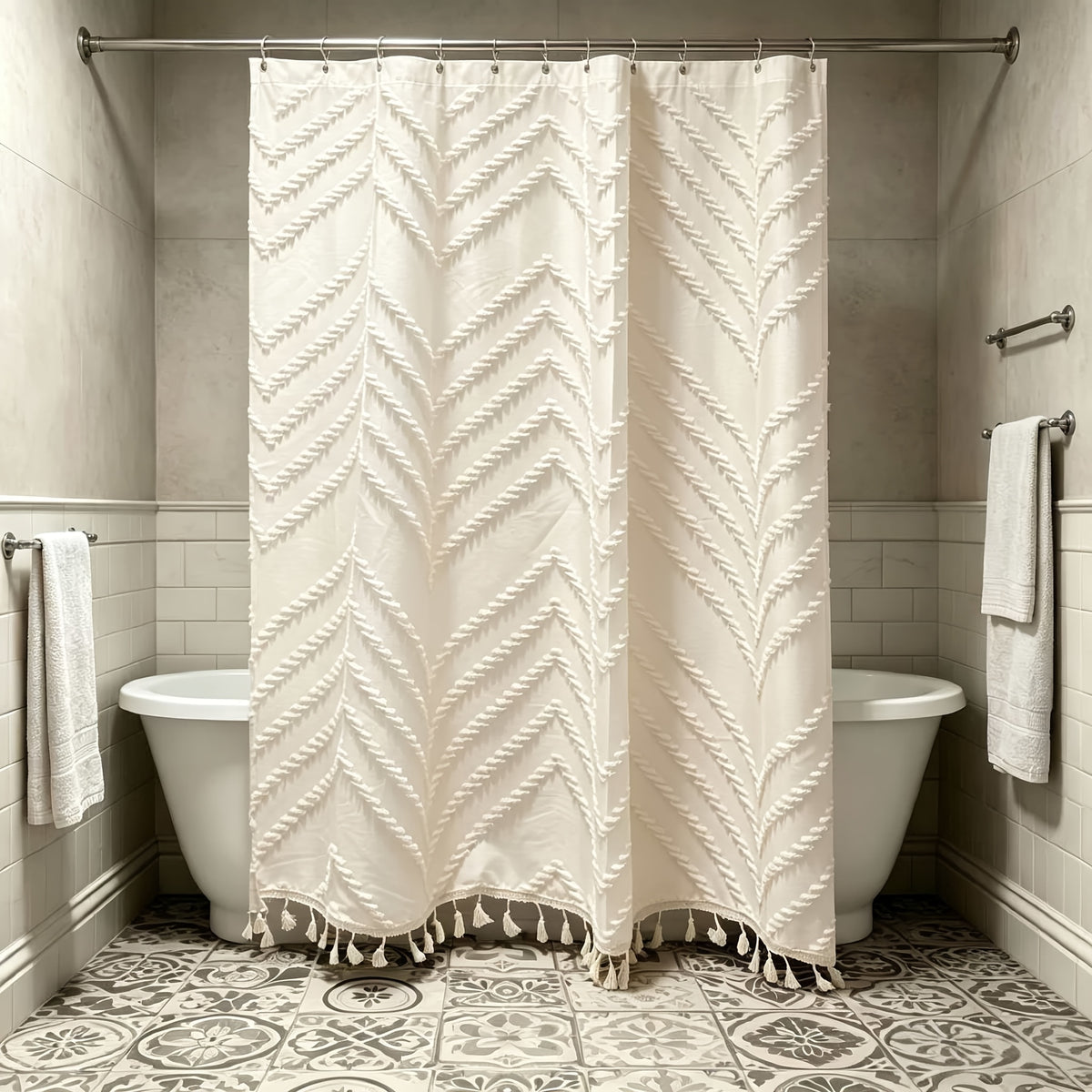 1pc 3D Scalloped Tassel Style Curtain, Bohemian Style Scalloped Curtain, Home Decor Curtain, Bathroom Curtain, with Matching Hook