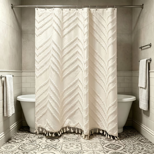 1pc 3D Scalloped Tassel Style Curtain, Bohemian Style Scalloped Curtain, Home Decor Curtain, Bathroom Curtain, with Matching Hook