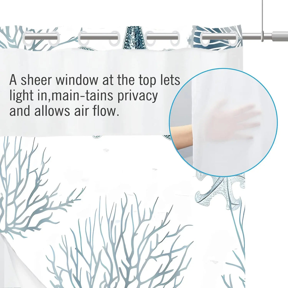 LVRLVR 1pc Coastal Ocean Print Beach Shower Curtain with Sheer Top Window, Detachable Liner & No Hook C-Ring, 70.8" x 74"