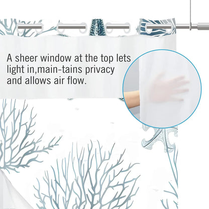 LVRLVR 1pc Coastal Ocean Print Beach Shower Curtain with Sheer Top Window, Detachable Liner & No Hook C-Ring, 70.8" x 74"