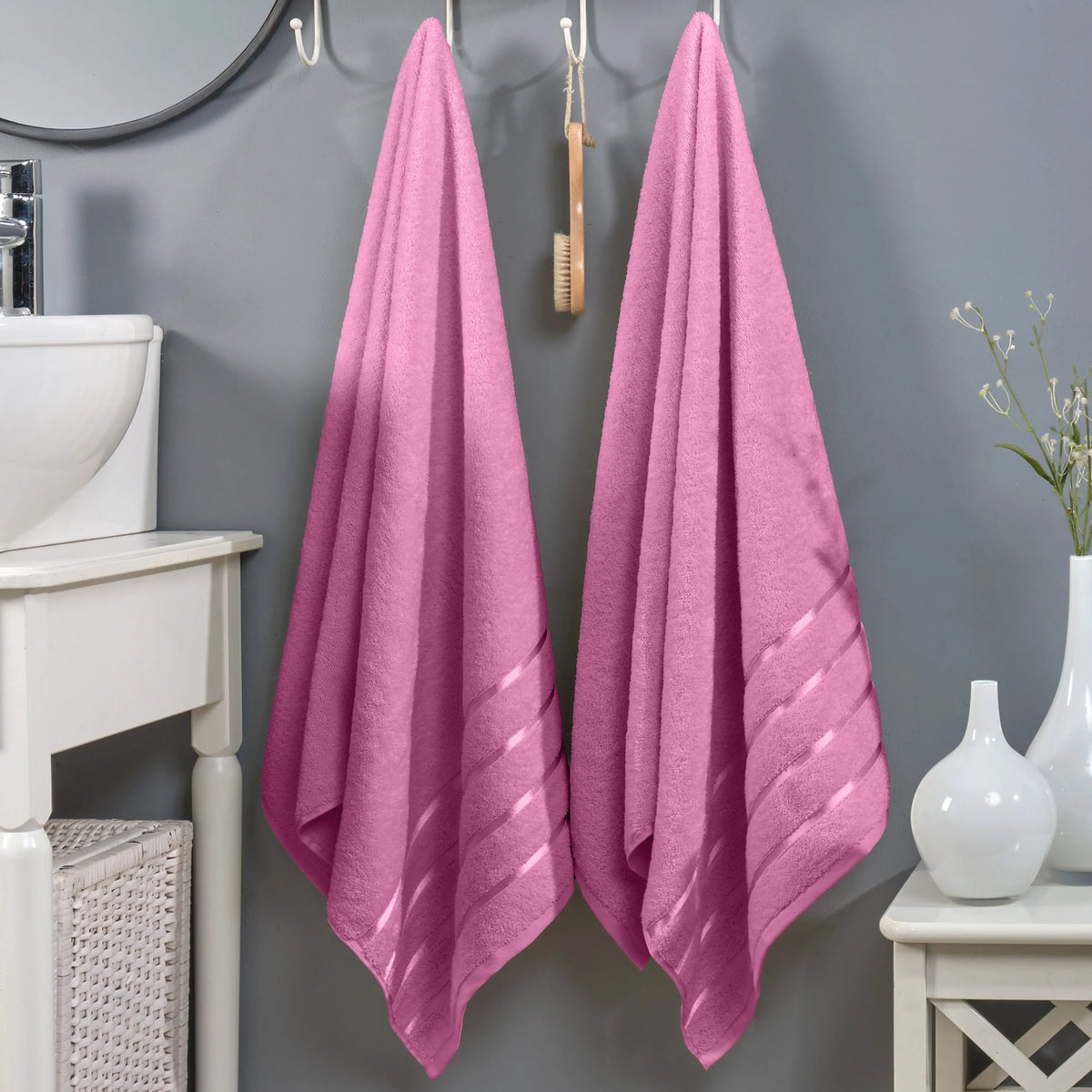 Mocassi Fluffy Thick 2-Pack Premium Turkish Cotton 4-Line Stripe Bath Towel Set, Absorbent Breathable Water-Absorbent Body Towels, 27x54 in