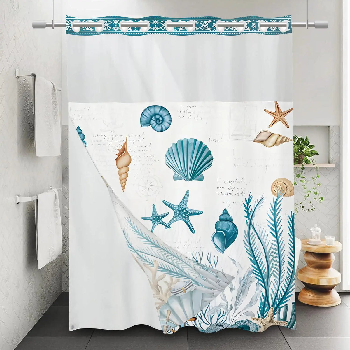 Blue Sea Life Pattern Shower Curtain Set, 2 Layers Waterproof Shower Curtain Liner, Shower Curtain And Liner Set, Bathroom Shower Curtains, Bathroom Decor Supplies for Home Decor, Home Goods, Bathroom Accessories, Decorative Shower Curtain