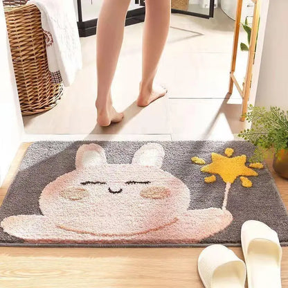 Cute Cartoon Dinosaur Faux Cashmere Bath Mat, Soft Water‑Absorbent Non‑Slip Floor Rug, Woop Pattern Decor Doormat for Bathroom Toilet Entryway Hallway Home Decoration