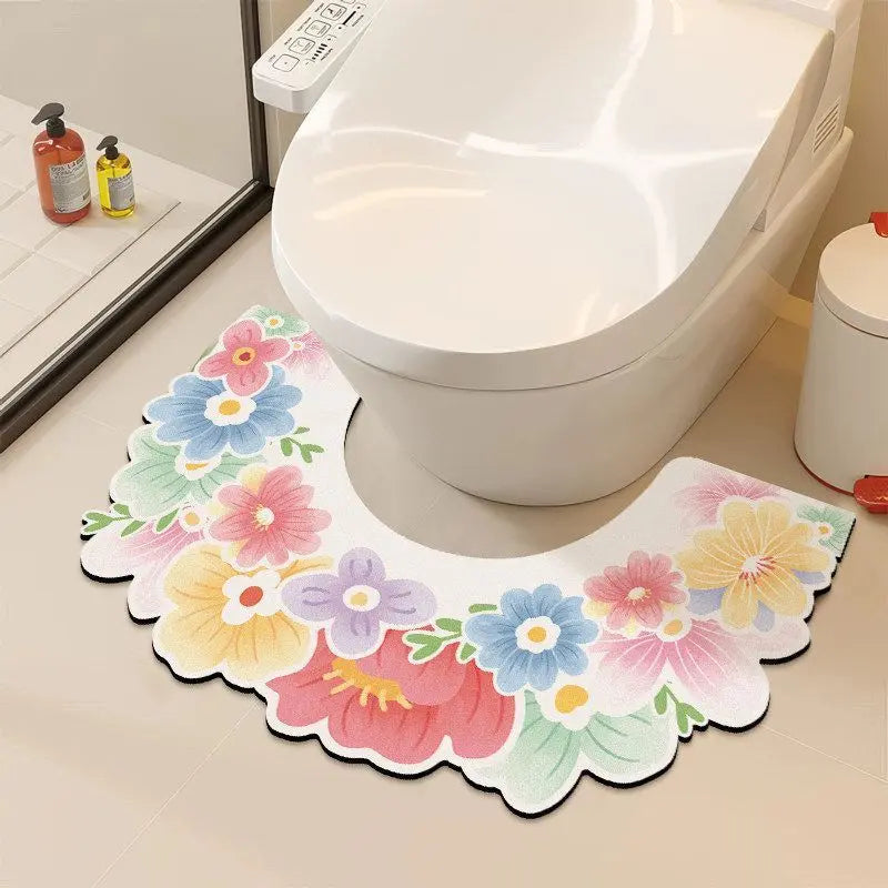 Floral U Shaped Toilet Mat, Diatomaceous Earth Bath Mat for Bathroom, Quick Dry Absorbent Floor Rug with Non Slip Backing, Decorative Toilet Floor Mat