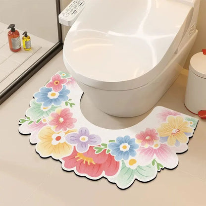 Floral U Shaped Toilet Mat, Diatomaceous Earth Bath Mat for Bathroom, Quick Dry Absorbent Floor Rug with Non Slip Backing, Decorative Toilet Floor Mat
