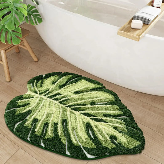 Microfiber Cute Bath Mat (31.5Inx23.5In) - Anti-Skid, Absorbent Fluffy Tufted, Leaf-Shaped, Green Tropical Palm Plants, Decorative, Durable, Machine Washable, Shower Home Accessory, Ideal Gift