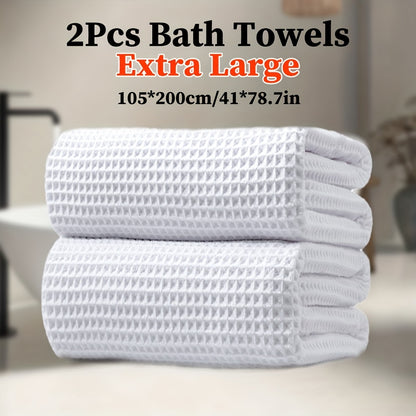 2pcs Extra Large Microfiber Waffle Weave Bath Towels, 105x200cm / 41x78.7in, 350GSM - Soft, Absorbent & Quick-Dry, Solid Color Options for Bathroom, Hotel, Gym & Spa Use, Hotel Bathroom Essentials, Contemporary Towel Design, Quickdry Fabric, Wash Cloths