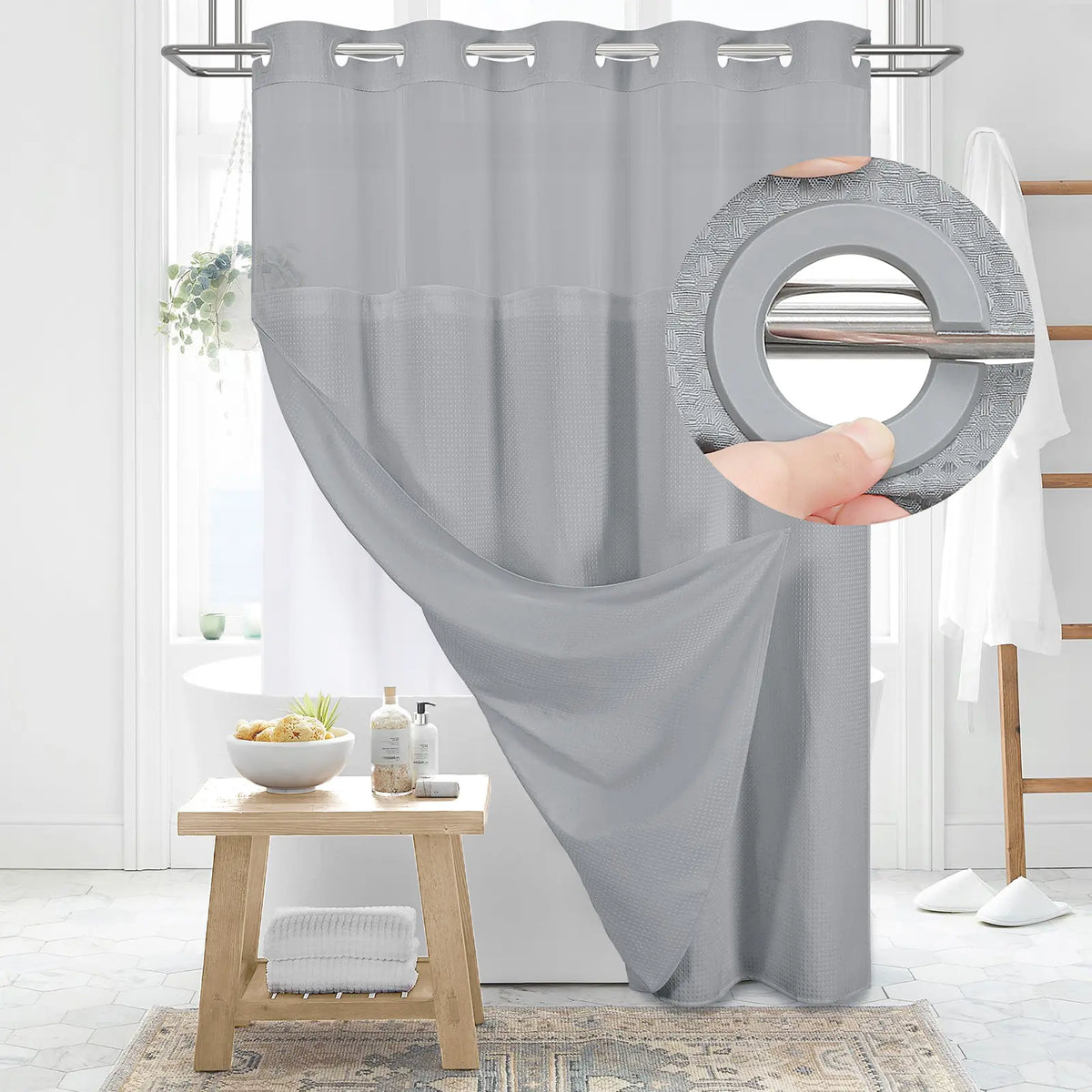 DYNAMENE Premium No-Hook Washable Waffle Weave Shower Curtain Set, Heavy-Duty Double Layer with Snap-In Detachable Waterproof Liner & Mesh Window, Contemporary Matte Finish Bathroom Accessory for Hotel-Inspired Bathroom Look
