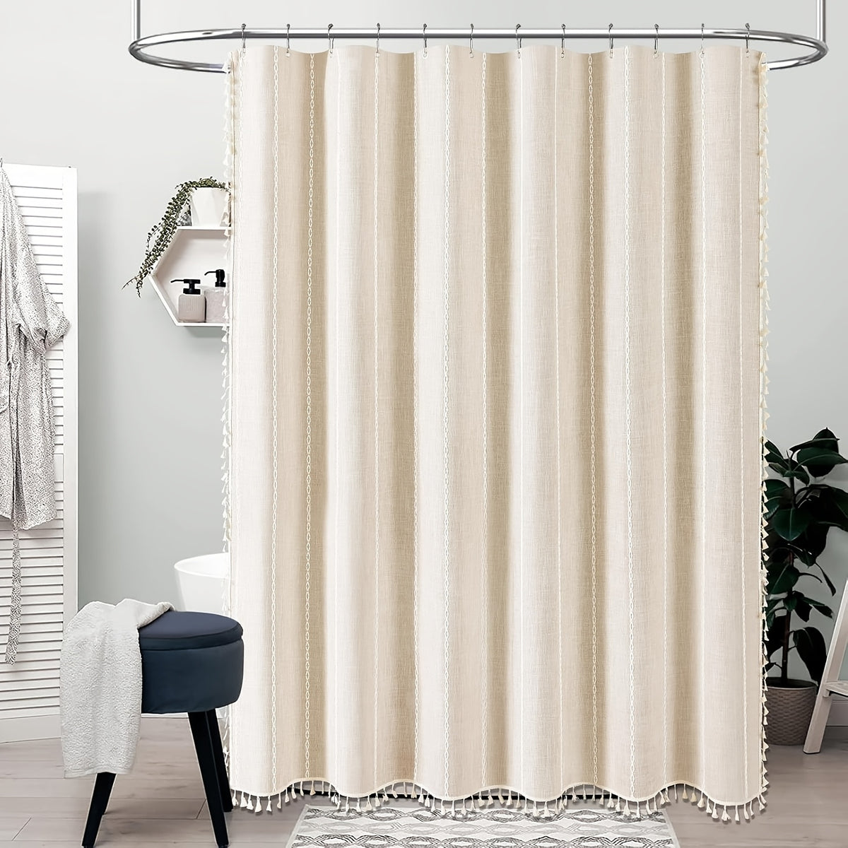 1pc Striped Polyester Shower Curtain, 72" x 72", Bohemian Style Vertical Stripe Texture with White Hooks Included