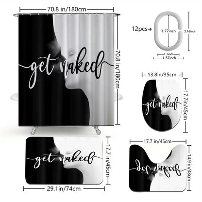 4pcs Leopard Print "Get Naked" Shower Curtain Set, Black Background Sassy Quote,  The floor mat fabric is thicker and softer! Bold Trendy Bathroom Decor And Accessories, Curtain & Rugs Combo, Perfect for Festive Glam Vibe