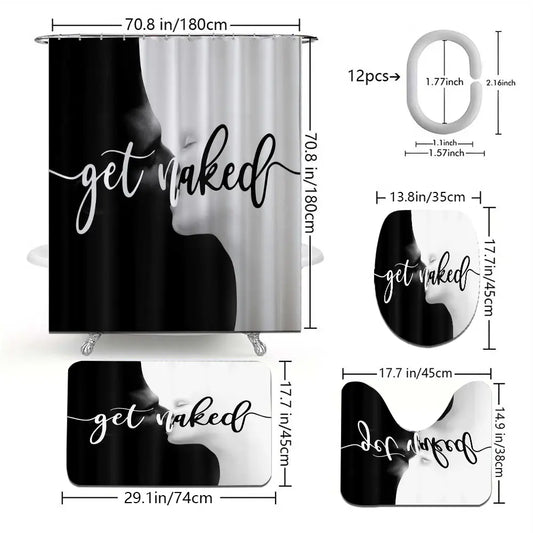 4pcs Leopard Print "Get Naked" Shower Curtain Set, Black Background Sassy Quote,  The floor mat fabric is thicker and softer! Bold Trendy Bathroom Decor And Accessories, Curtain & Rugs Combo, Perfect for Festive Glam Vibe