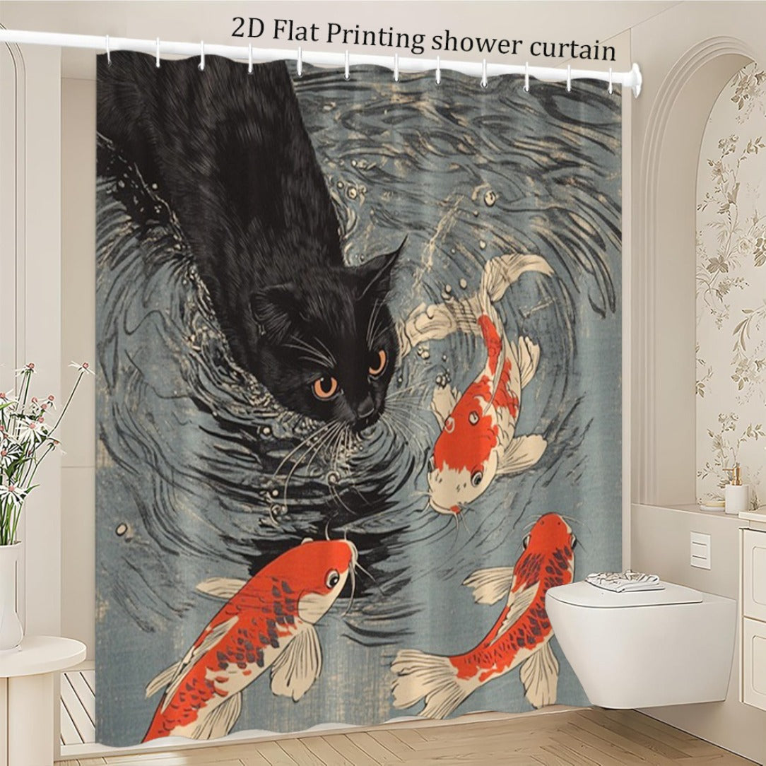 2D Flat, 2D Flat, 2D Flat Shower Curtain 1pc, Ancient Cat Koi Pond Scene Shower Curtain, Multi-Size Options, Polyester Comfortable Fabric, Light Luxury Space, Creating a Dreamy Healing Atmosphere, Building a Warm And Relaxed Space