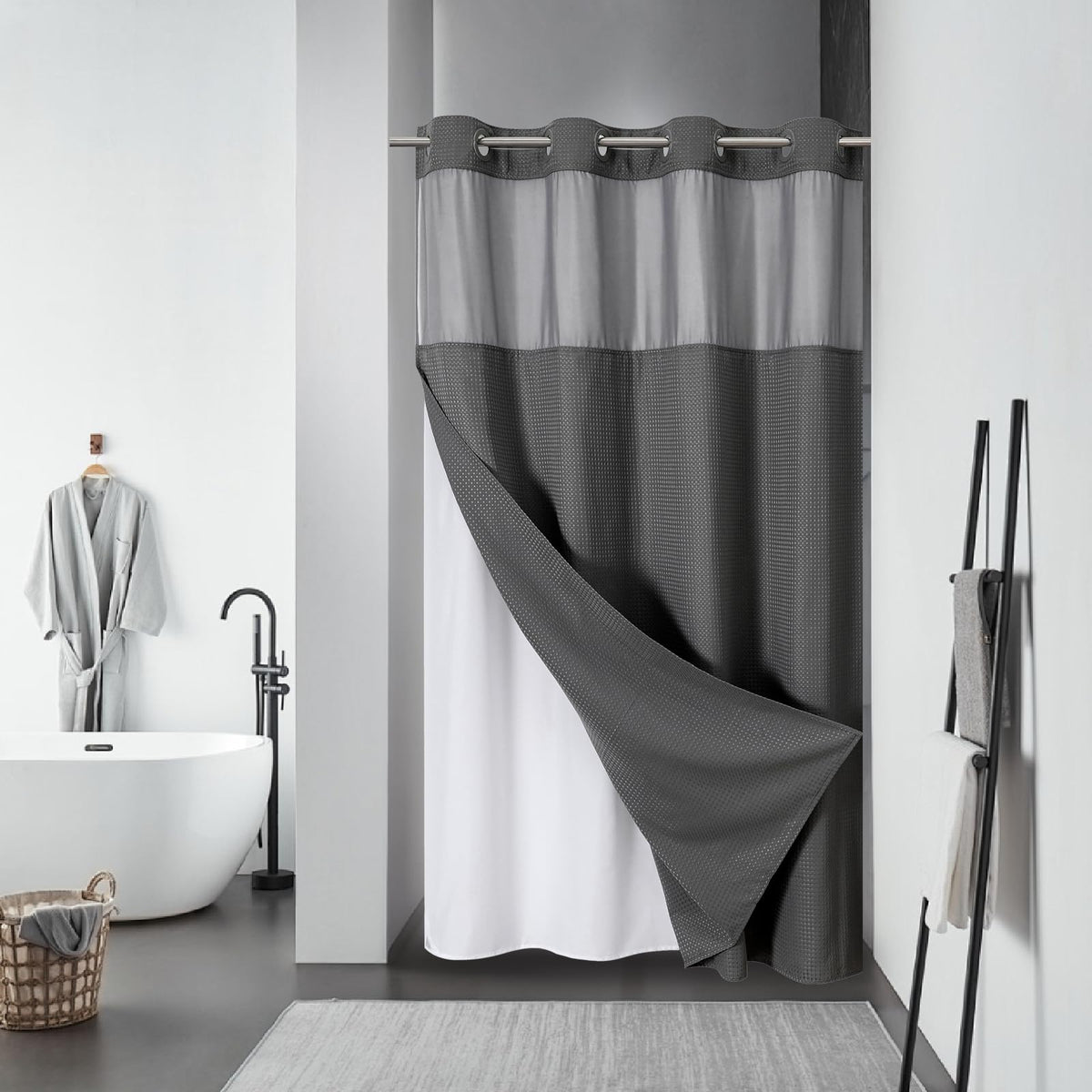 No Hook Extra Long Waffle Shower Curtain with Snap-in Liner,71x98,SageGreen