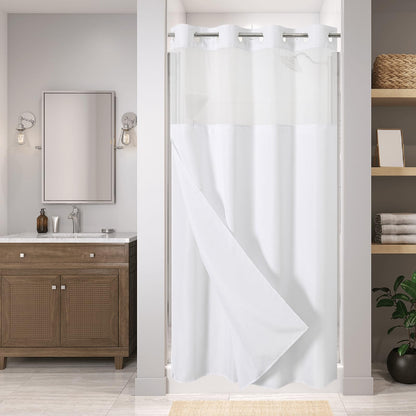 Eachope No Hooks Polyester Textured Shower Curtain with Snap-in Fabric Liner Set, Hotel Luxury Decor Shower Curtains for Bathroom with See Through Top Window, Waterproof & Washable, 71Wx74H, Cream