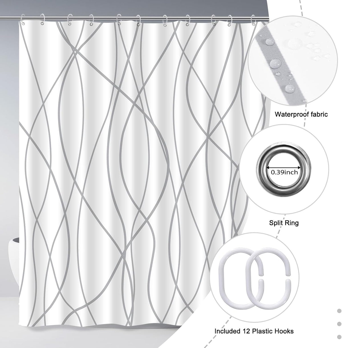Striped Shower Curtain for Bathroom, Grey White, 72" W x 72" L