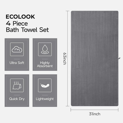 ecolook Microfiber Bath Towels Set of 4, 31 x 63 Inch Extra Large Bath Towel Set, Super Soft & Highly Absorbent, Quick Dry Lightweight Towels for Bathroom, Gym, Spa, Pool & Travel, Gray