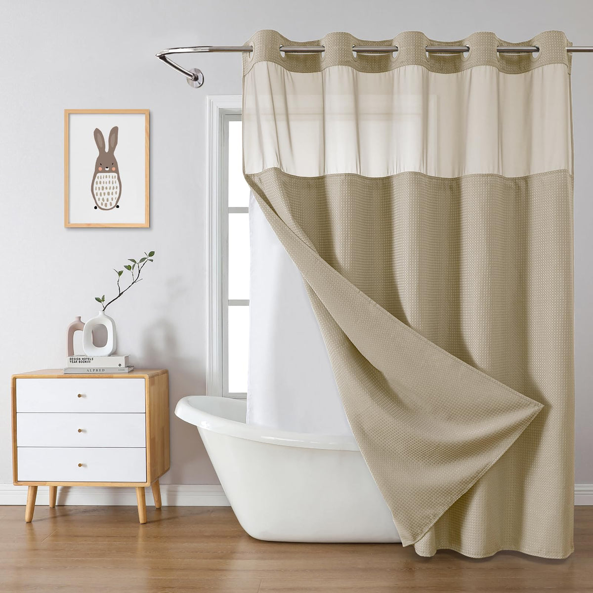 No Hook Extra Long Waffle Shower Curtain with Snap-in Liner,71x98,SageGreen