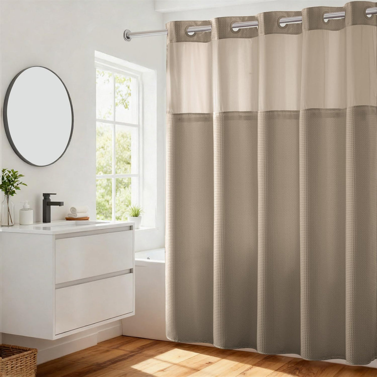 River Dream Waffle No Hook Shower Curtain with Liner,Navy Blue,71x74