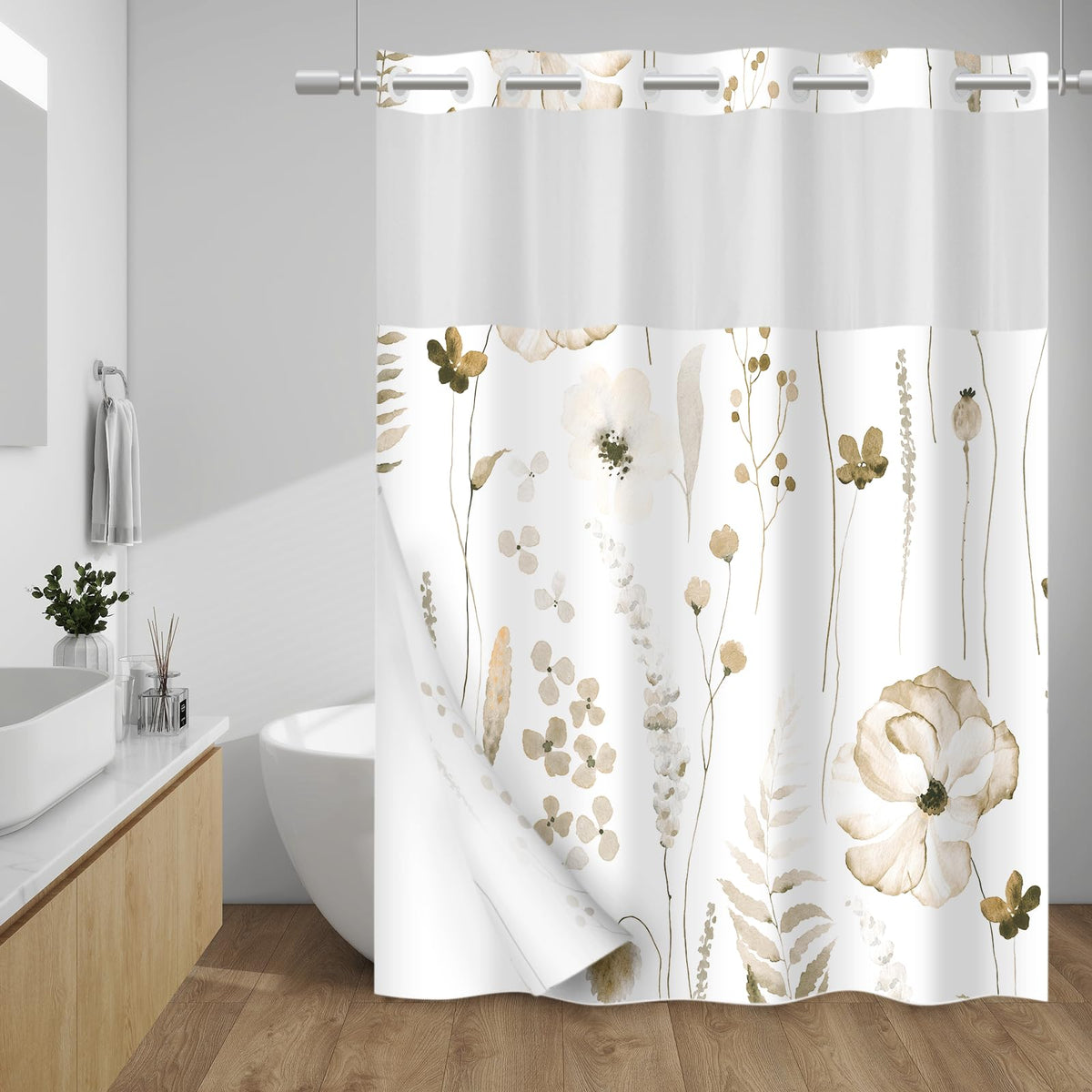 WITHLOC Hook Free Floral Shower Curtain with Liner, Blue Beige, 71x74