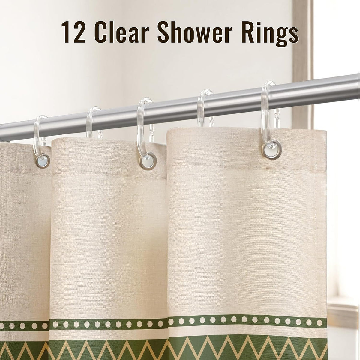 Boho Farmhouse Shower Curtain with 12 Clear Rings, Rustic Fabric Faux Linen Shower Curtain Set with Tassels, Beige & Sega Green Striped Shower Curtain for Bathroom 72" W x 84" L