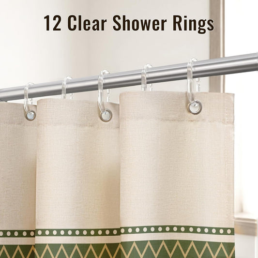 Boho Farmhouse Shower Curtain with 12 Clear Rings, Rustic Fabric Faux Linen Shower Curtain Set with Tassels, Beige & Sega Green Striped Shower Curtain for Bathroom 72" W x 84" L