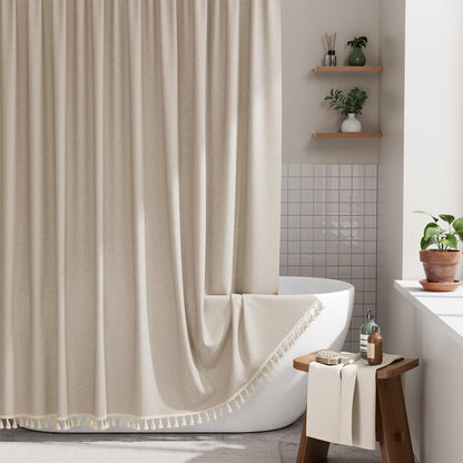 AmazerBath Boho Shower Curtain, Modern Farmhouse Shower Curtain Set with Tassels, Rustic Faux Linen Green Striped Shower Curtain with Hooks, Light Tan Toned, 72x72 Inches