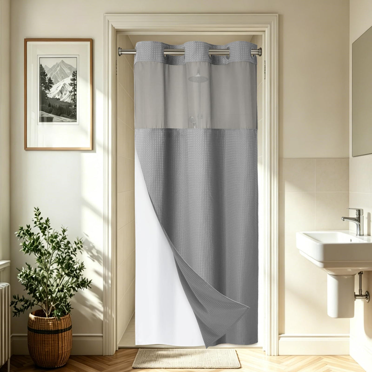 256GSM Heavyweight Ringless Waffle Shower Curtain with Liner, 71x74, Grey