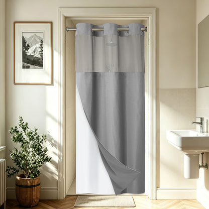 256GSM Heavyweight Ringless Waffle Shower Curtain with Liner, 71x74, Grey