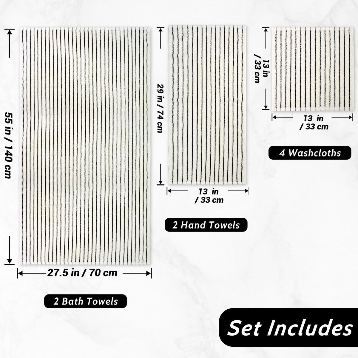 8 Piece Black and Ivory Towel Set, Super Soft & Absorbent Cotton Striped