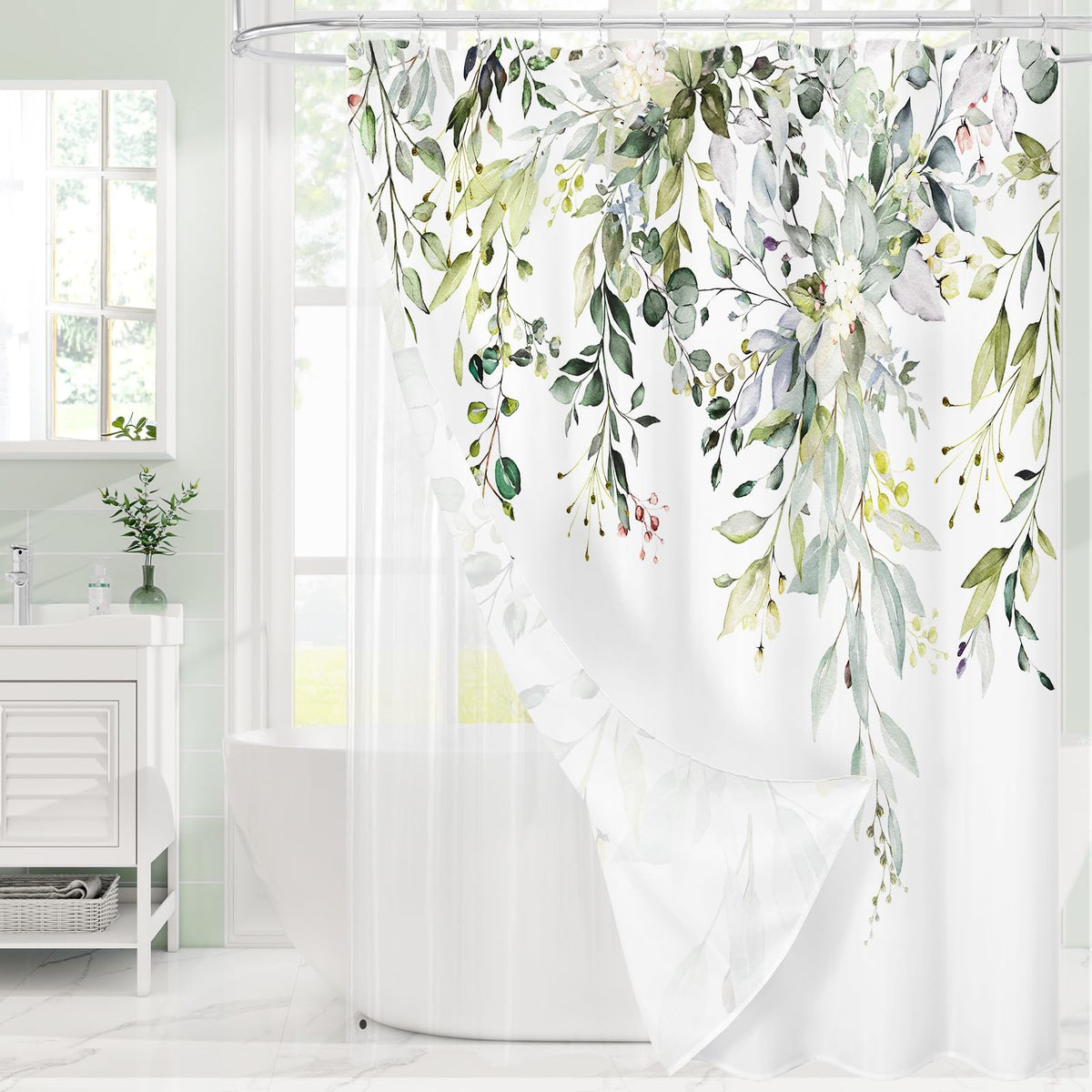Gibelle 3 in 1 Shower Curtain Set, Grey Eucalyptus Curtain 72x72