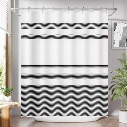AmazerBath Shower Curtain, Washable Cloth Black Shower Curtain Sets with 12 Shower Curtain Hooks, Fabric Rustic Black and White Striped Curtain, Farmhouse Bathroom Curtains, 72x72 Inches