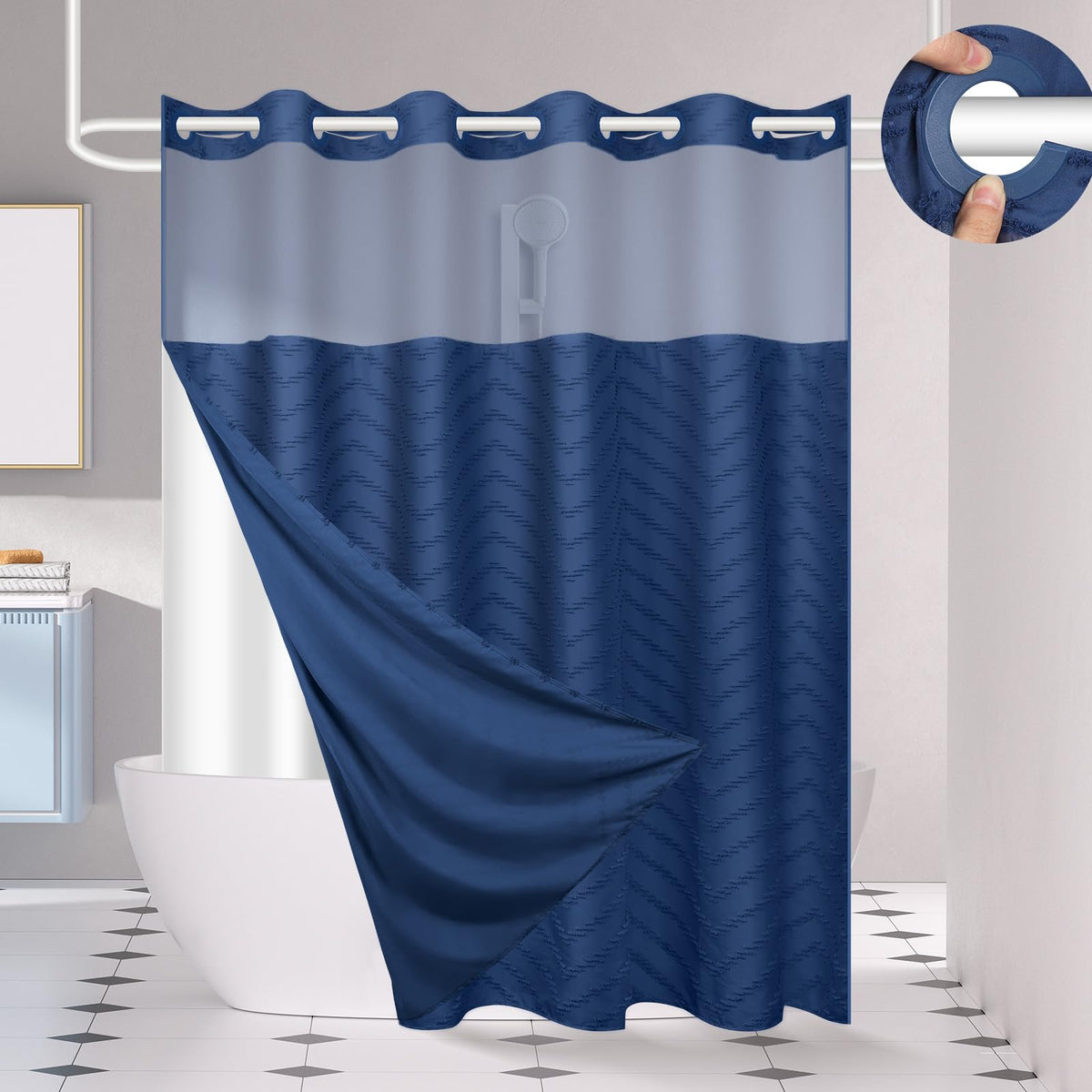 FADOTY Black No Hook Shower Curtain Set with Snap in Liner, 71'' x 74''